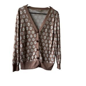 ISSI Womens M Brown White Skull Print Knit V-Neck Long Sleeve Button Cardigan